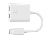 Belkin Connect Audio + Charge - USB-C til USB-C hodetelefoner / ladeadapter - 24 pin USB-C hann til 24 pin USB-C hunn - 14 m - hvit - USB Power Delivery (60W) F7U081BTWH