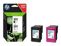 HP 301 - 2-pack - svart, farge (cyan, magenta, gul) - original - blekkpatron - for HP DeskJet 1000, 1010, 1050 AiO, 1050A AiO, 1510 AiO, 2000, 2050 AiO, 2050A AiO, 2510 AiO, 2540 AiO, 3000, 3050 AiO, 3050A eAiO, 3510 eAiO series, HP ENVY 4500 eAiO, 5530 eAiO series, HP OfficeJet 2620 AiO, 4630 eAiO series N9J72AE