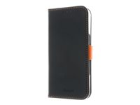 Insmat Exclusive - Lommebok for mobiltelefon - ekte skinn, kartong+papir+aluminiumsfolie, polykarbonat (PC), bomullssting - svart / oransje - for Apple iPhone 16 Pro 650-3288
