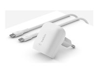 Belkin BoostCharge - Strømadapter - 20 watt - 3 A - Power Delivery 3.1, Fast Charge (24 pin USB-C) - på kabel: USB-C - MFI-sertifisert - hvit - med USB-C til USB-C kabel WCA006VF1MWH-B6